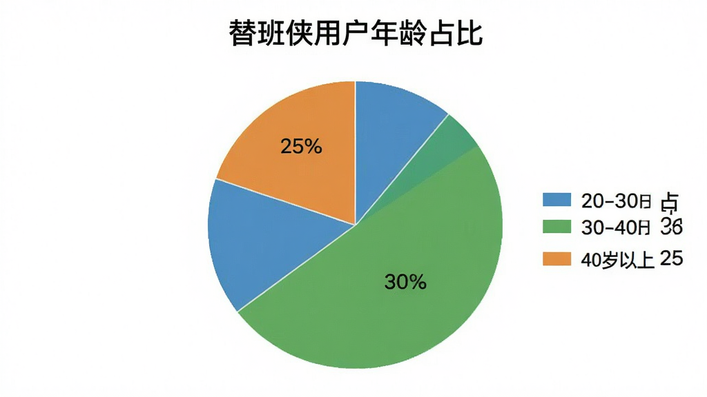 一张饼状图,展示替班侠用户年龄分布,图例显示20-30岁占40%,30-40岁占35%,40岁以上占25%,饼图颜色分别为蓝色、绿色和橙色,背景白色,图表标题为“替班侠用户年龄占比”,风格简洁清晰,画质干净,无多余元素。
