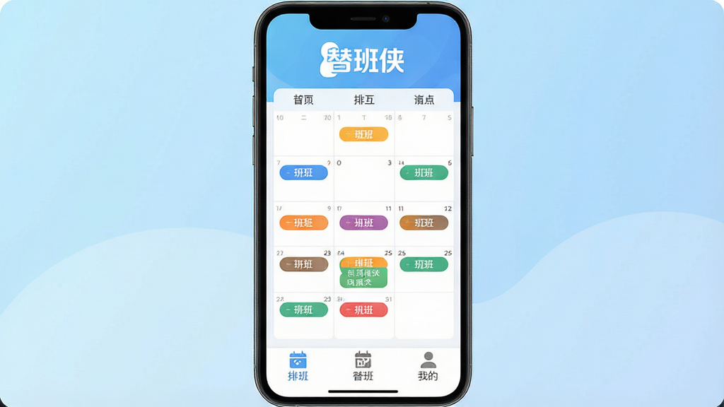 一张手机应用界面截图,画面中央展示替班侠APP的排班日历主界面,日历上标注着不同颜色的班次标签,顶部有“替班侠”三个字的Logo,底部导航栏有排班、替班、我的三个图标。整体布局清晰,背景是浅蓝色渐变,风格现代扁平,细节圆润,画质干净,无多余元素。