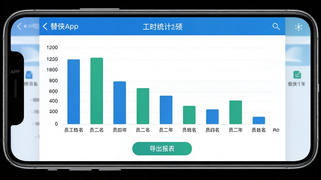 一张替班侠APP的工时统计页面截图,画面中手机屏幕显示一个柱状图,横轴是员工姓名,纵轴是工时数,柱子有高有低,下方有“导出报表”按钮,整体配色以蓝色和绿色为主,风格商务简洁,画质清晰,无多余元素。