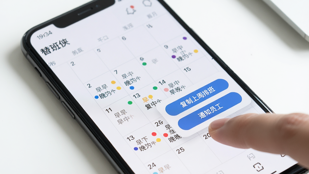 一张替班侠APP的排班日历特写图,画面中手机屏幕显示一个月的日历视图,每天格子里有不同颜色的小圆点代表早中晚班次,手指正点击其中一个日期弹出编辑菜单,菜单上有“复制上周排班”和“通知员工”按钮,背景是干净的白色桌面,光线明亮,画质清晰,无多余元素。