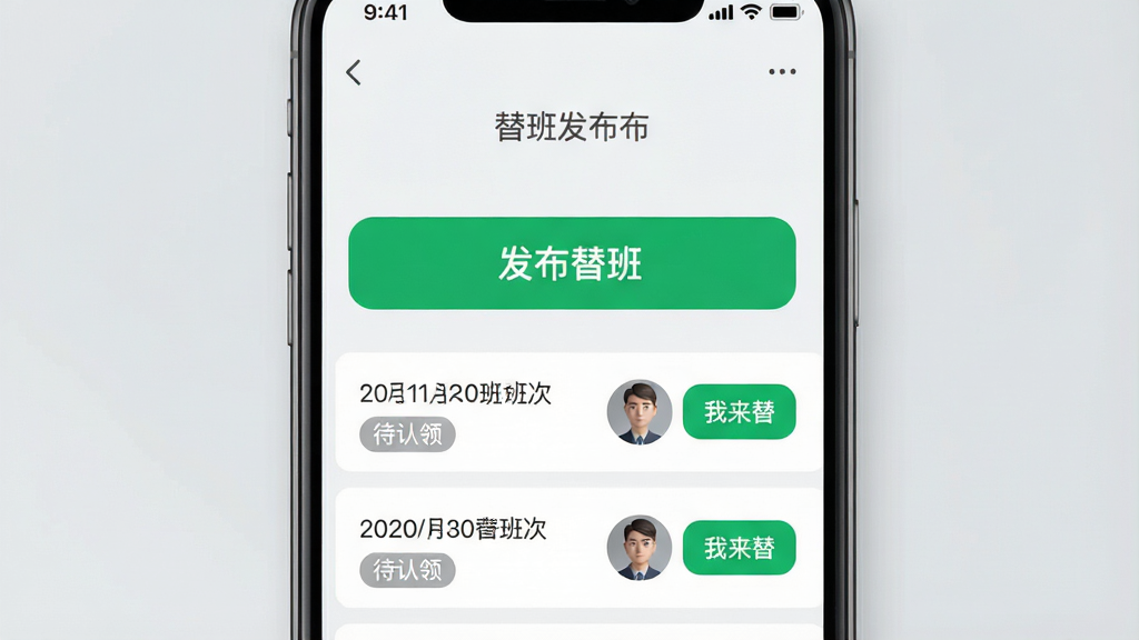 一张替班侠APP的替班发布界面截图,画面展示手机屏幕中央有一个醒目的“发布替班”按钮,下方列表显示已有的替班请求,每条请求有日期、班次和“待认领”标签,一个同事的头像旁边有“我来替”的绿色按钮,背景是淡灰色,风格简洁,画质干净,无多余元素。