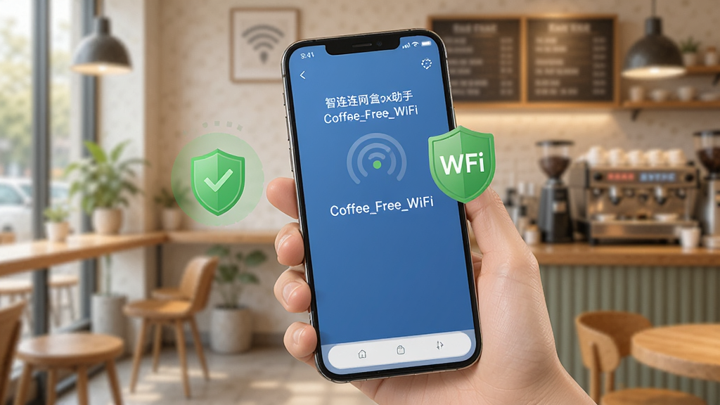һ��չʾ������������һ������WiFi���ܵ�ʾ��ͼ��������һֻ�������ֻ����ֻ���Ļ��ʾ��������һ����Ϊ��Coffee_Free_WiFi�����ȵ㣬�Ա���һ����ɫ�Ķ���ͼ���ʾ��ȫ����������ܰ�Ŀ�������������������ִ������������ɾ����޶���Ԫ��