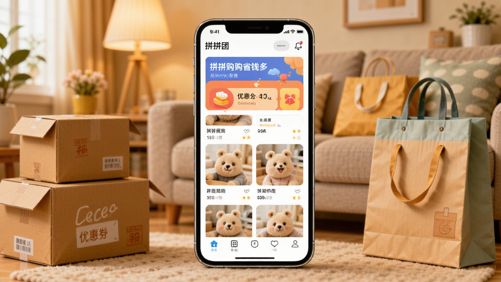 ƴƴ��ʡǮ��App������չʾ���ֻ���Ļ���аڷţ���Ļ����ʾƴ����Ʒ�б����Ż�ȯ�������������ܰ��ůɫ���Ӽһ������Ա�ɢ�伸�����ֽ��͹������������ɻ��ã�ϸ�ڷḻ�����ʸɾ��������޶���Ԫ��