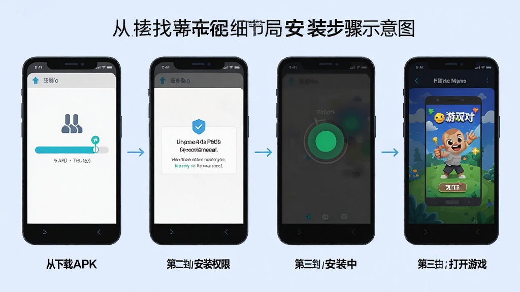 �Ҳ�ϸ�ھְ�װ����ʾ��ͼ���ֻ���Ļ��ʾ������APK����װ��ɵ��ĸ����軭�棬��һ�����ؽ��������ڶ�����װȨ����ʾ����������װ�У����Ĳ�����Ϸ��ÿ�������·��м������˵��������Ϊǳ��ɫ��ͼ��Ϊ��ƽ��������������׶������ʸɾ��޶���Ԫ��