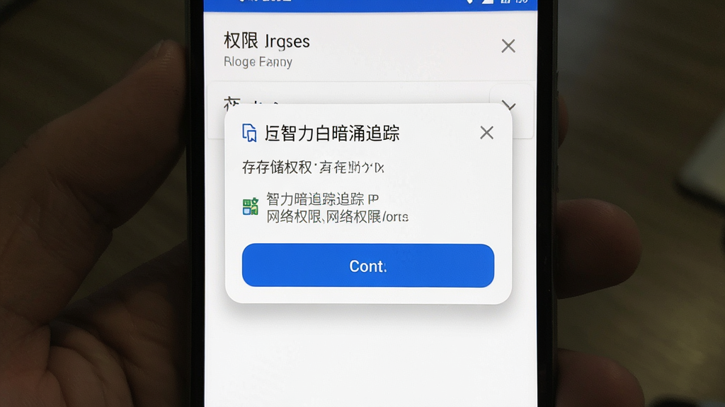 智力暗涌追踪 手机安装界面 显示权限请求弹窗 存储权限和网络权限 安卓系统提示 蓝色确认按钮 白色背景 干净画质