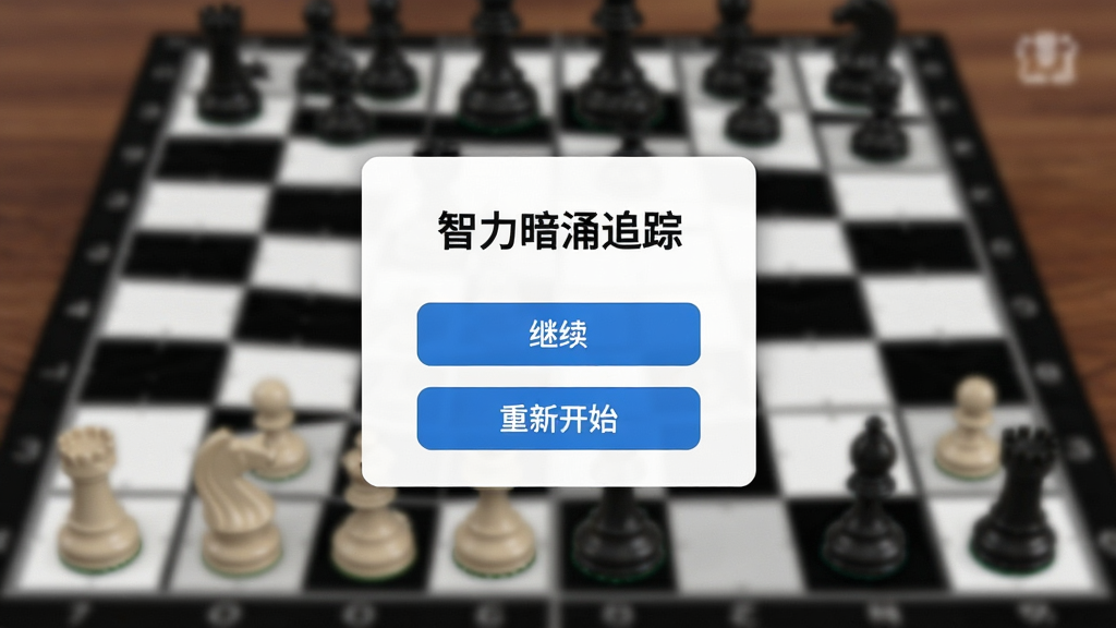 智力暗涌追踪 游戏暂停界面 显示继续游戏和重新开始按钮 背景虚化棋盘 手机竖屏 简洁卡片弹窗 蓝色按钮 干净画质