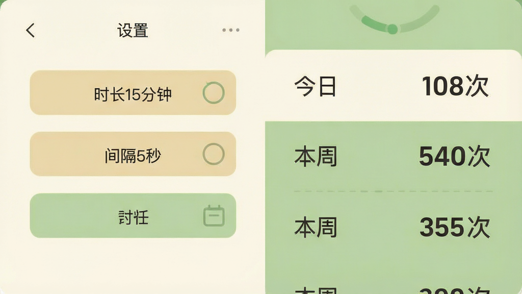 一张扁平化风格的UI界面展示图,画面分为左右两部分,左侧是设置面板,有“时长15分钟”、“间隔5秒”等选项按钮,右侧是统计列表,显示“今日 108次”、“本周 540次”等简洁数据,整体配色以米白色和淡绿色为主,布局清晰,风格温和,画质干净