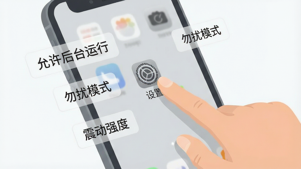 一张手机操作界面示意图,画面中一只手正在点击手机屏幕上的“设置”图标,屏幕旁边漂浮着几个半透明的标签,分别写着“允许后台运行”、“勿扰模式”、“震动强度”,背景是浅灰色的手机桌面,风格为扁平化教程插图,布局清晰,画质干净