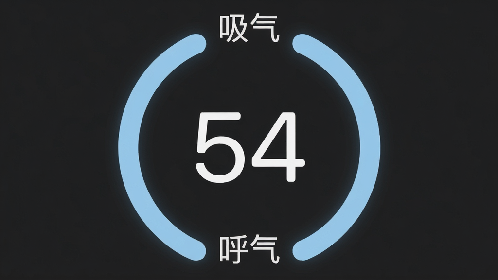 一张手机屏幕截图风格的图片,界面中央是一个大大的淡蓝色圆形呼吸圈,圈内数字为“54”,屏幕上方显示“吸气”二字,下方显示“呼气”二字,背景为深灰色护眼模式,画面干净整洁,文字清晰,无广告横幅,整体风格极简科技感,画质清晰无噪点