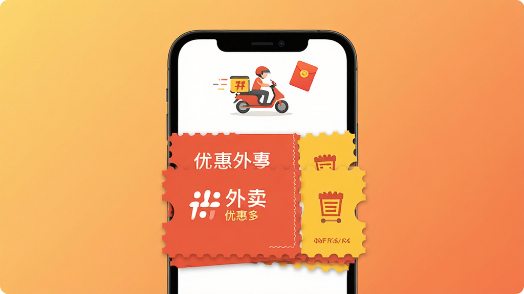 外卖点餐优惠多应用主界面展示,手机屏幕中央显示红色和黄色为主色调的优惠券卡片堆叠,上方有外卖骑手图标和红包元素,背景是温馨的暖色渐变,画面风格扁平化设计,简洁干净,无多余文字,高清画质