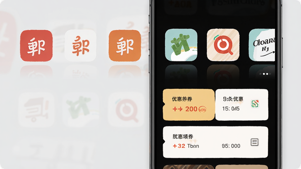 外卖点餐优惠多多平台切换界面,手机屏幕展示多个外卖平台图标横向排列,下方是优惠券列表,背景是简约的浅灰色,风格现代扁平,图标清晰,无杂乱元素,高清