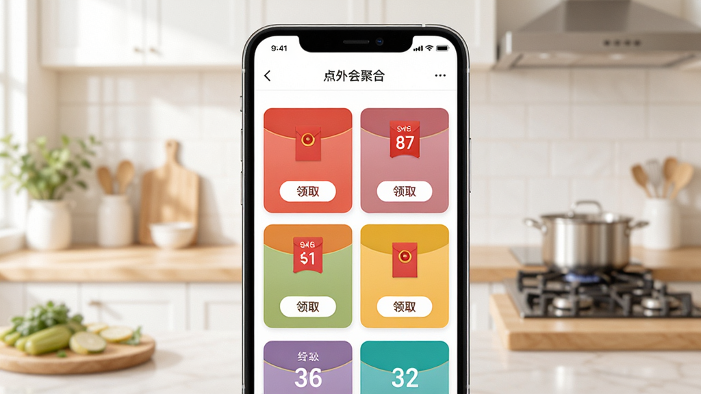 外卖点餐优惠多红包聚合页面展示,手机界面中排列着不同颜色的外卖红包卡片,每张卡片上有折扣标签和领取按钮,背景是明亮的厨房场景,风格清新生活化,细节清晰,画质干净