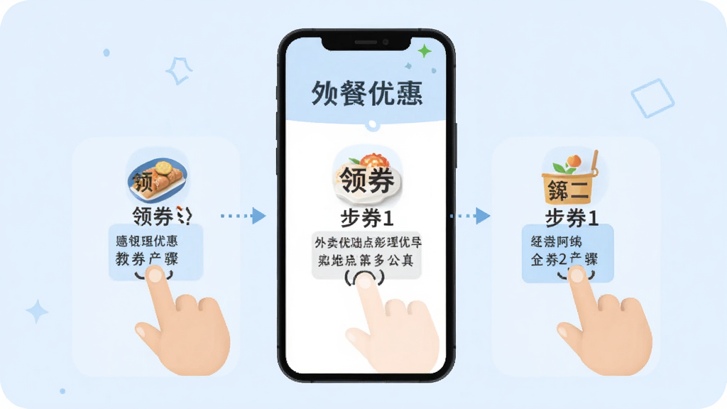 外卖点餐优惠多使用教程示意图,手机屏幕显示领券步骤一二三,旁边有手指点击图标,背景是淡蓝色,风格简洁教程风,文字清晰,画质干净无多余元素