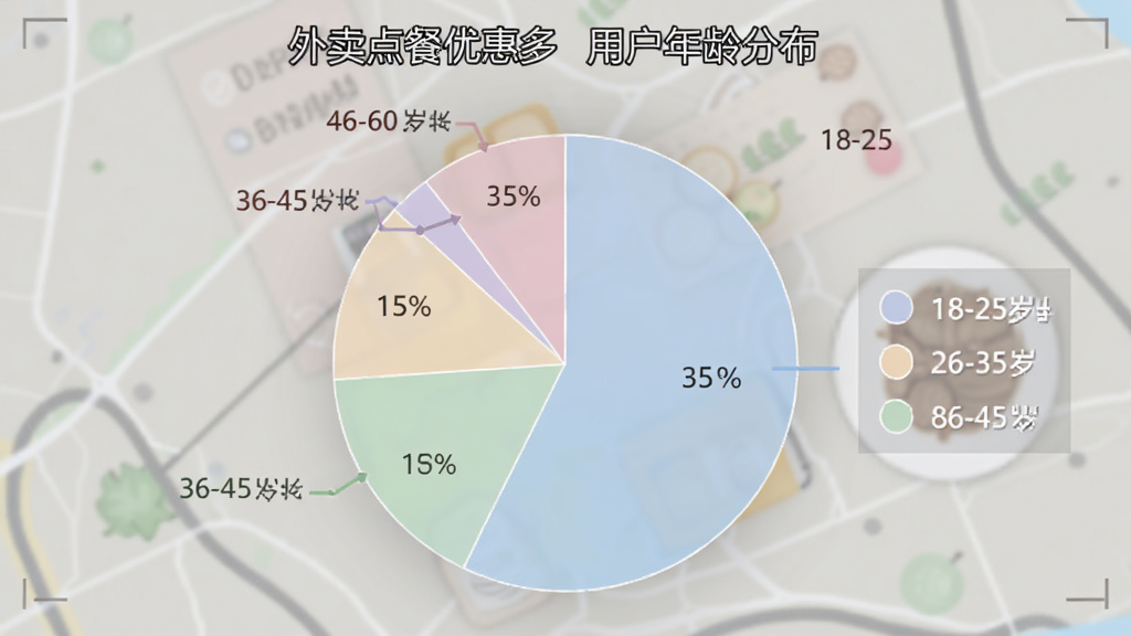 外卖点餐优惠多用户年龄分布饼状图,图表显示18-25岁占比35%,26-35岁占比40%,36-45岁占比15%,46-60岁占比10%,配色柔和,风格简约数据可视化,高清画质