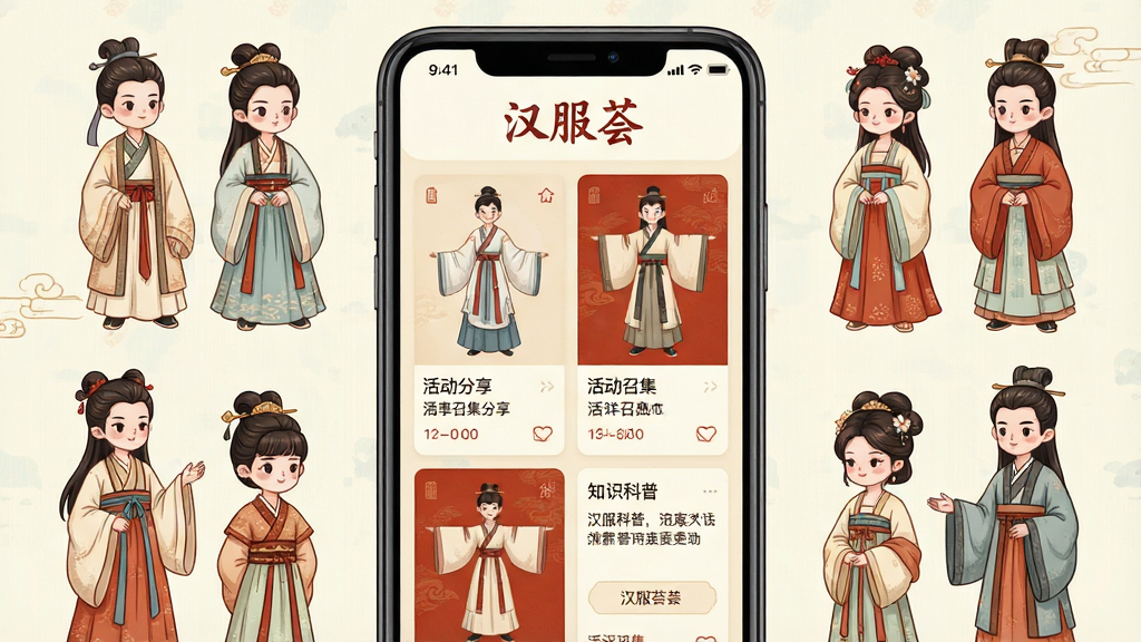 一张展示汉服荟APP核心界面的手机模型图,画面中央是汉服荟APP的首页,上方有“汉服荟”三个字,页面中展示着各种汉服穿搭分享、活动召集和知识科普的卡片式内容,配色以古典雅致的米白和朱红为主,四周环绕着穿着不同款式汉服的卡通人物,风格清新国风,细节精致,画质干净,无多余元素
