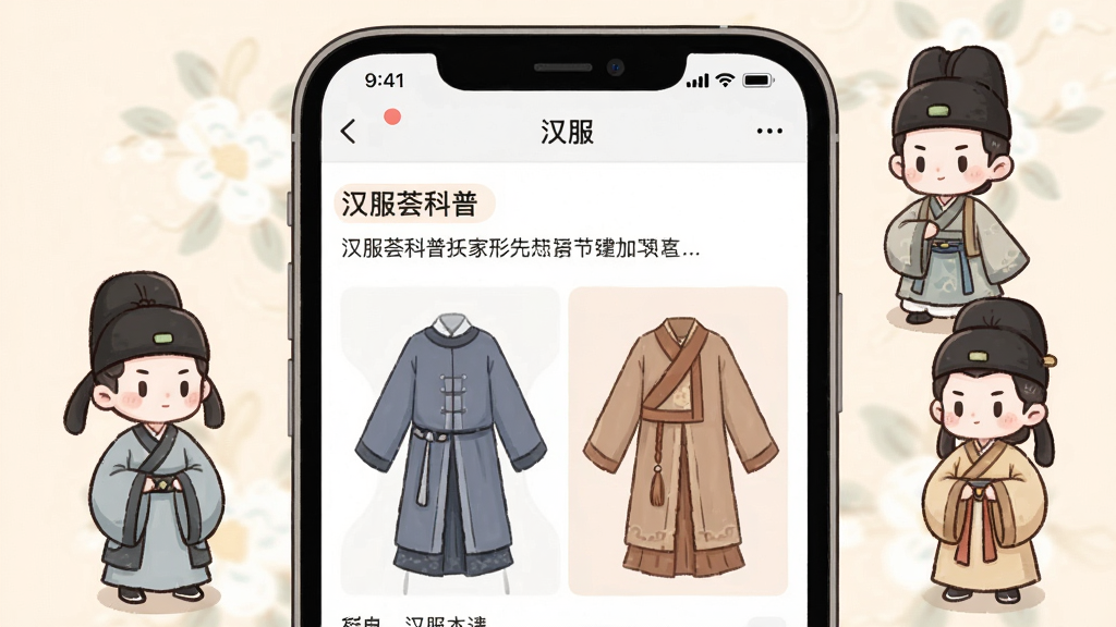 一张汉服荟APP知识科普板块的界面截图风格插画,画面中手机屏幕显示着关于汉服形制对比的图文帖子,标题写着“汉服荟科普”,旁边有穿着不同朝代汉服的Q版人物作为配图,整体风格简洁明了,配色柔和,画质干净,无多余元素