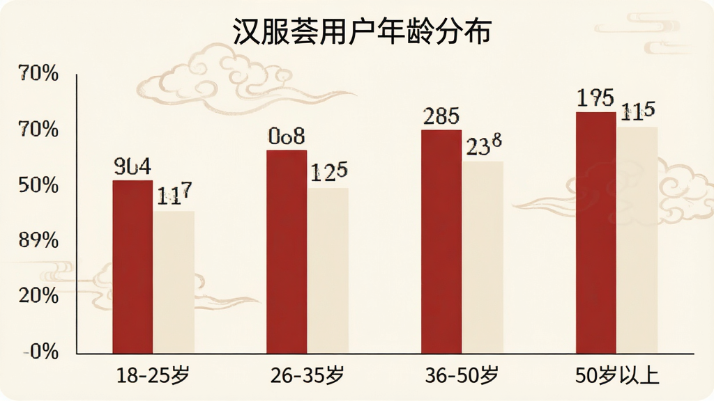 一张汉服荟用户年龄分布柱状图,横轴为年龄段“18-25岁”“26-35岁”“36-50岁”“50岁以上”,纵轴为用户占比百分比,柱子上方标注具体数值,图表标题为“汉服荟用户年龄分布”,配色采用古典红与米白搭配,风格简洁专业,画质清晰,无多余元素