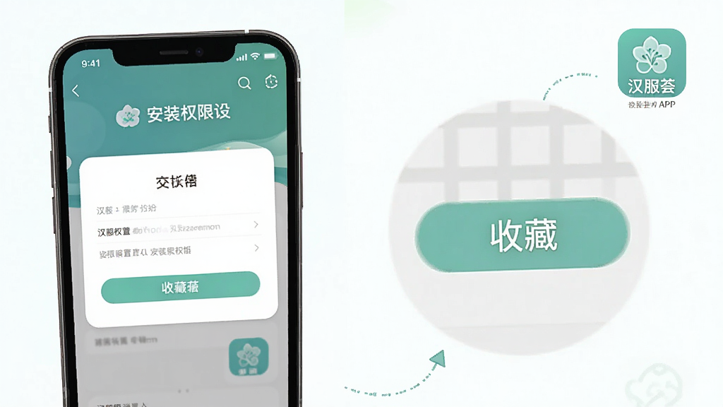 一张展示汉服荟APP新手操作界面的示意图,画面中手机屏幕显示着安装权限设置的界面和APP内部的收藏按钮特写,旁边有“汉服荟”的小图标和文字标注,风格简洁明快,配色清爽,画质干净,无多余元素