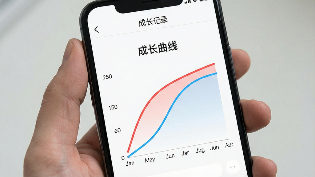 一张手机屏幕展示“成长记录”应用的数据统计页面,画面中央是两条彩色曲线图,一条红色一条蓝色,分别代表身高和体重变化趋势,曲线下方有月份刻度,图表上方有“成长曲线”四个字,背景是白色,整体布局干净整洁,风格现代扁平,画质清晰,无多余元素