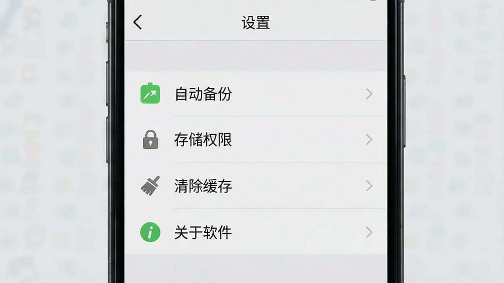 一张手机屏幕展示“成长记录”应用的设置页面,画面中央是列表形式的设置项,包括“自动备份”“存储权限”“清除缓存”“关于软件”等条目,每个条目左边有小图标,顶部有“设置”标题,背景是浅灰色,整体布局整齐,风格简洁实用,画质干净,无多余元素