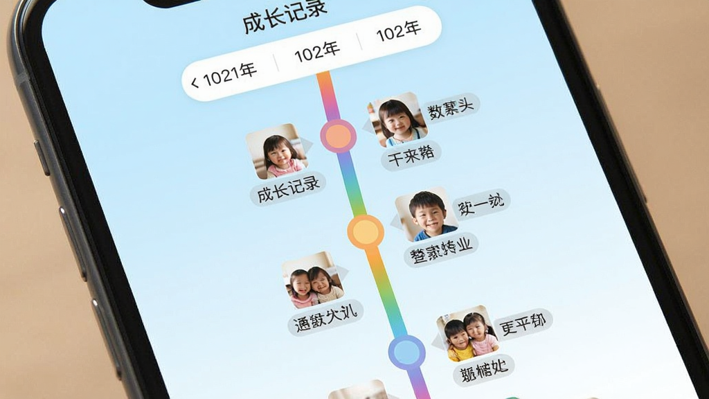 一张手机屏幕展示“成长记录”应用的时间轴页面,画面中央是一条纵向的彩色时间线,时间线上分布着多个圆形节点,每个节点旁边有小照片缩略图和简短的文字标签,顶部有年份选择器,背景是淡蓝色渐变,整体布局清晰,风格温馨可爱,画质干净,无多余元素