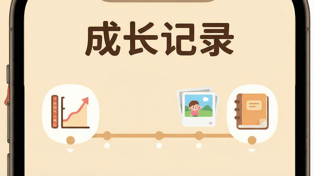 一张手机屏幕展示“成长记录”应用主界面,画面中央是卡通风格的儿童成长时间轴,左侧排列着身高体重曲线图图标,右侧是相册和日记本图标,顶部有“成长记录”四个大字,背景是温暖的米黄色,整体布局简洁清晰,扁平化设计风格,细节圆润,画质干净,无多余元素