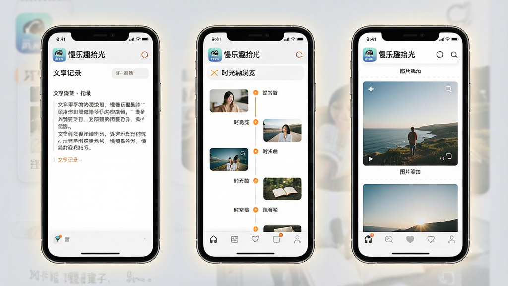 一张“慢乐趣拾光”应用功能展示图,画面分为三个并列的手机屏幕,左侧屏幕展示文字记录界面,中间屏幕展示时光轴浏览界面,右侧屏幕展示图片添加界面,三个屏幕均带有“慢乐趣拾光”应用图标和界面元素,背景是柔和的浅灰色,屏幕周围有淡淡的光晕,排版整齐,风格简约现代,细节清晰,画质干净无多余元素