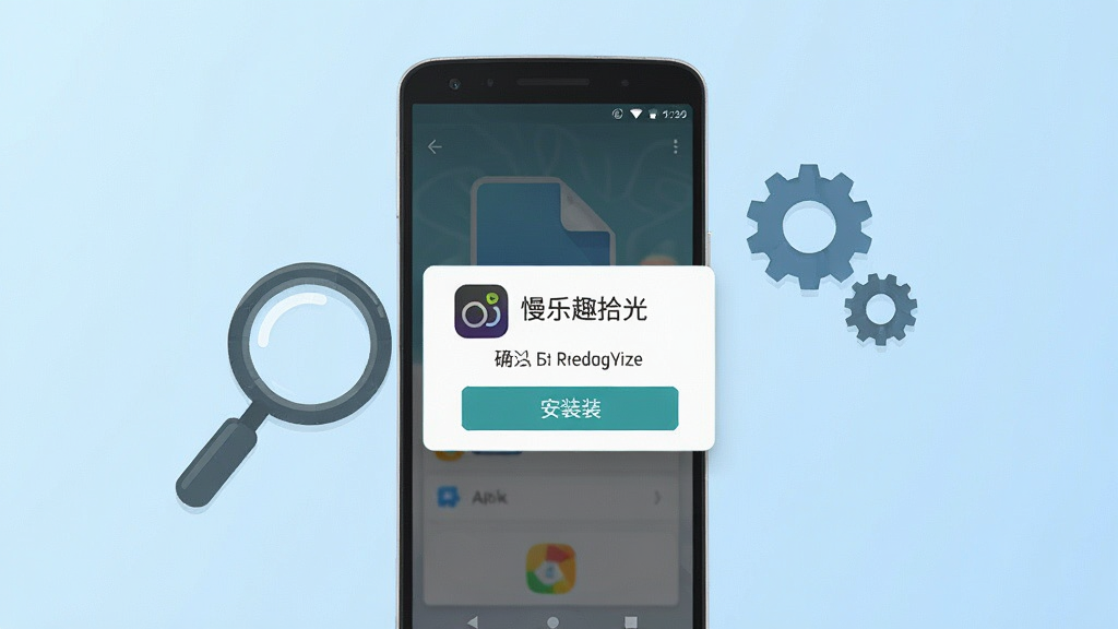 一张展示手机安装“慢乐趣拾光”APK文件过程的示意图,画面中一部安卓手机屏幕显示文件安装确认弹窗,弹窗中带有“慢乐趣拾光”应用图标和安装按钮,手机旁边有放大镜和齿轮元素点缀,背景是浅蓝色渐变,排版简洁明了,风格扁平化,细节清晰,画质干净无多余元素