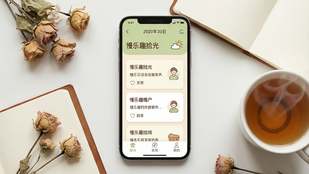 一张展现慢生活记录场景的手机应用界面全貌图,画面中央是一部现代智能手机,屏幕上清晰显示“慢乐趣拾光”应用主界面,界面以温暖的米白和浅绿色为主色调,顶部有日期和天气显示,中间是卡片式的生活记录条目,包含文字和简约手绘图标,底部导航栏有“拾光”“发现”“我的”三个标签,手机周围散落着几片干花、一本翻开的笔记本和一杯冒热气的茶,整体布局居中对称,风格温馨治愈,细节精致,画质干净无多余元素,光线柔和自然