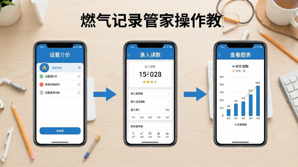 燃气记录管家操作教程示意图,手机屏幕分步骤展示设置单价、录入读数、查看图表三个画面,用箭头连接,背景是浅色桌面,风格教程图解,文字标注清晰,画质干净无多余元素