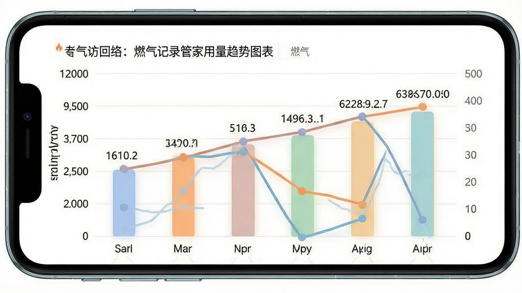 燃气记录管家用量趋势图表页面,手机屏幕展示柱状图和折线图组合,横轴为月份,纵轴为燃气用量,数据点标注清晰,配色柔和,背景干净,风格数据可视化,画质高清无多余元素
