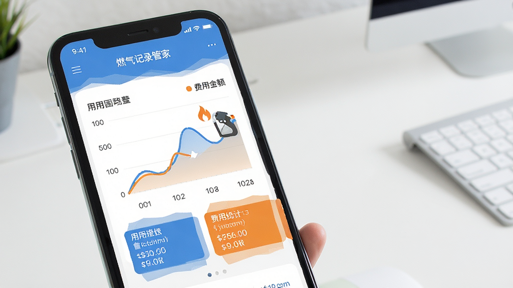 燃气记录管家费用估算界面,手机屏幕显示用量折线图和费用统计卡片,图表用蓝色和橙色区分用量与金额,背景是简洁的桌面环境,风格现代扁平,文字标签清晰,画质干净无多余元素