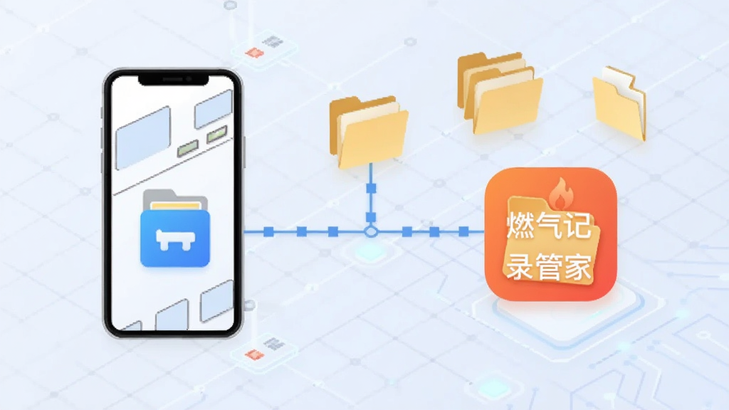 燃气记录管家数据存储示意图,画面展示手机内部存储图标与燃气记录管家App图标相连,数据文件以文件夹形式呈现,背景是科技感浅色网格,风格简约信息图,画质干净无多余元素