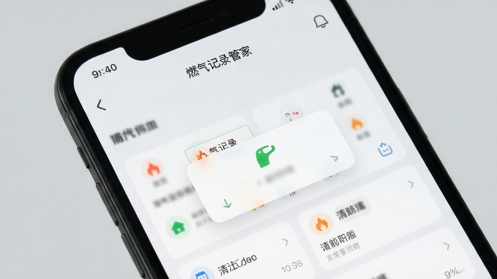 燃气记录管家清爽界面展示,手机屏幕显示App主页面,画面中没有任何广告横幅和弹窗,界面元素简洁,背景是纯色浅灰,风格极简,画质干净无多余元素
