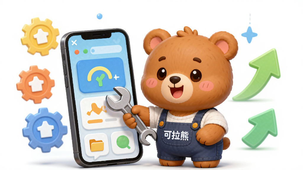 可拉熊软件更新维护示意图,画面中一只可爱的卡通熊拿着扳手在调试手机界面,周围有齿轮和更新箭头图标,背景简洁明亮,风格活泼,画质干净,图片中有“可拉熊”文字