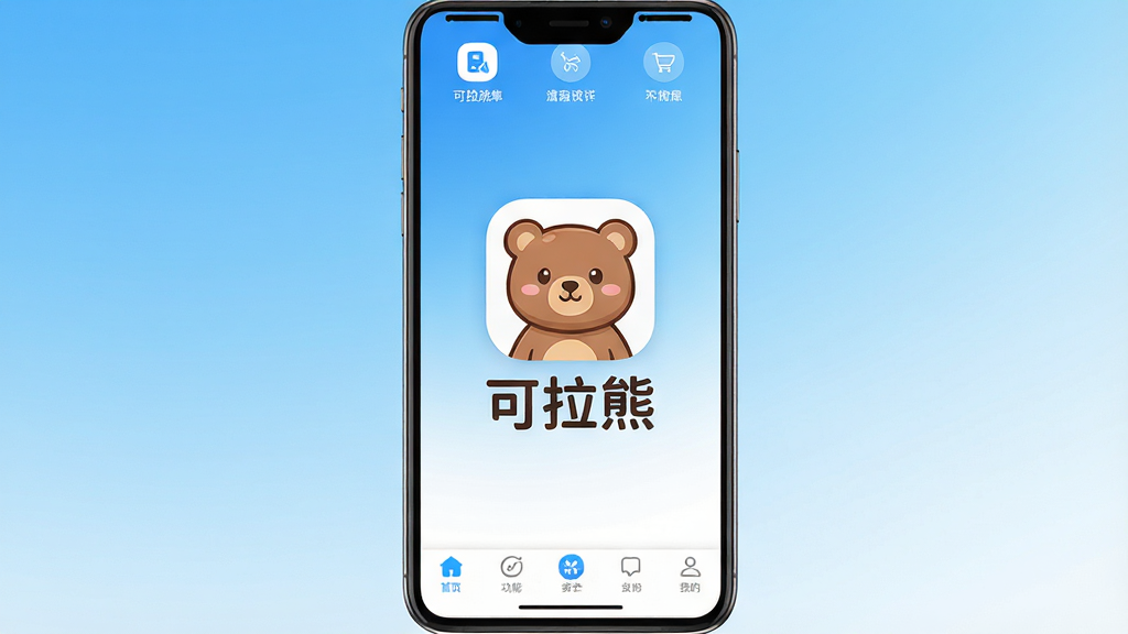 一张展示可拉熊手机应用主界面的图片,画面中央是可爱的卡通熊图标和“可拉熊”文字,背景是简洁的蓝白渐变风格,界面布局清晰,顶部有功能入口,底部有导航栏,整体风格清新现代,画质干净无多余元素