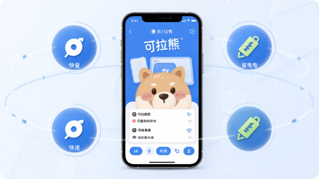 可拉熊软件功能展示图,画面中一部手机屏幕显示可拉熊界面,周围环绕着轻量、快速、省电的图标元素,风格简洁科技感,整体色调蓝白为主,画质清晰干净