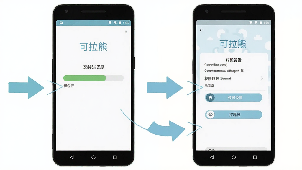 可拉熊新手安装操作示意图,画面中一部安卓手机显示安装进度条和权限设置界面,旁边有箭头指示操作步骤,风格扁平化,色调清新,图片中有“可拉熊”文字,画质干净无多余元素