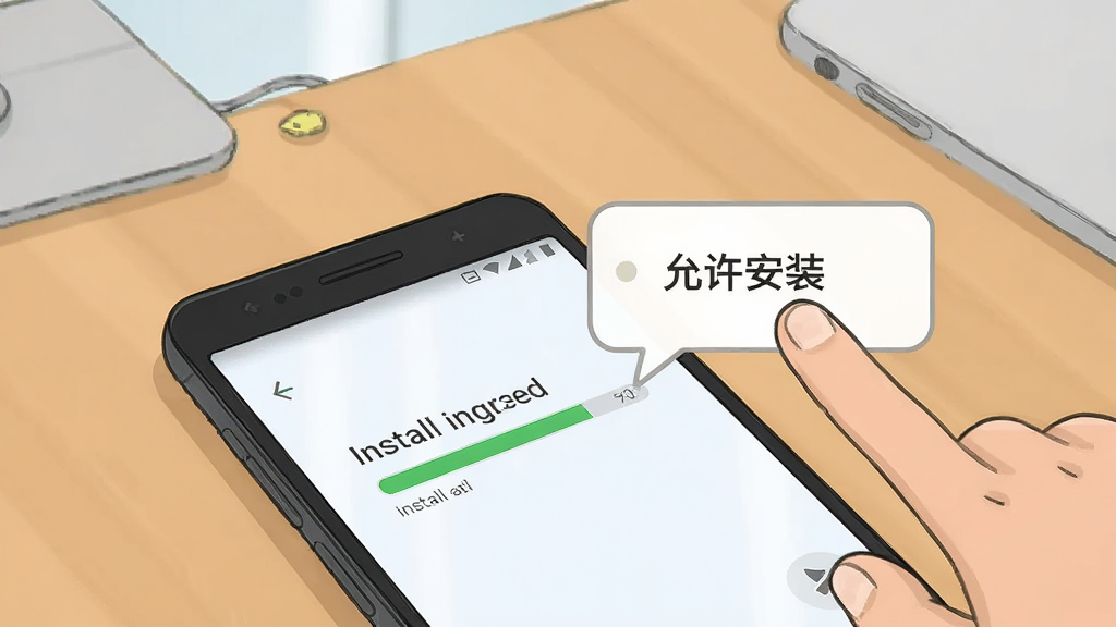 一部安卓手机放在桌面上,屏幕显示安装进度条,旁边有手指点击“允许安装”的提示气泡,背景是简洁的桌面环境,布局为手机特写加气泡说明,风格为教程类插画,细节清晰,画质干净,无多余元素