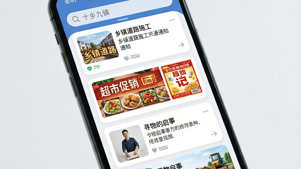 手机屏幕显示信息流列表,顶部有