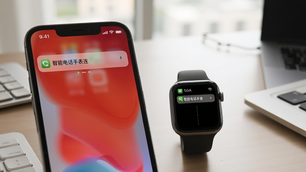 手机收到消息通知,旁边智能手表同步显示相同通知内容,手机屏幕上方显示