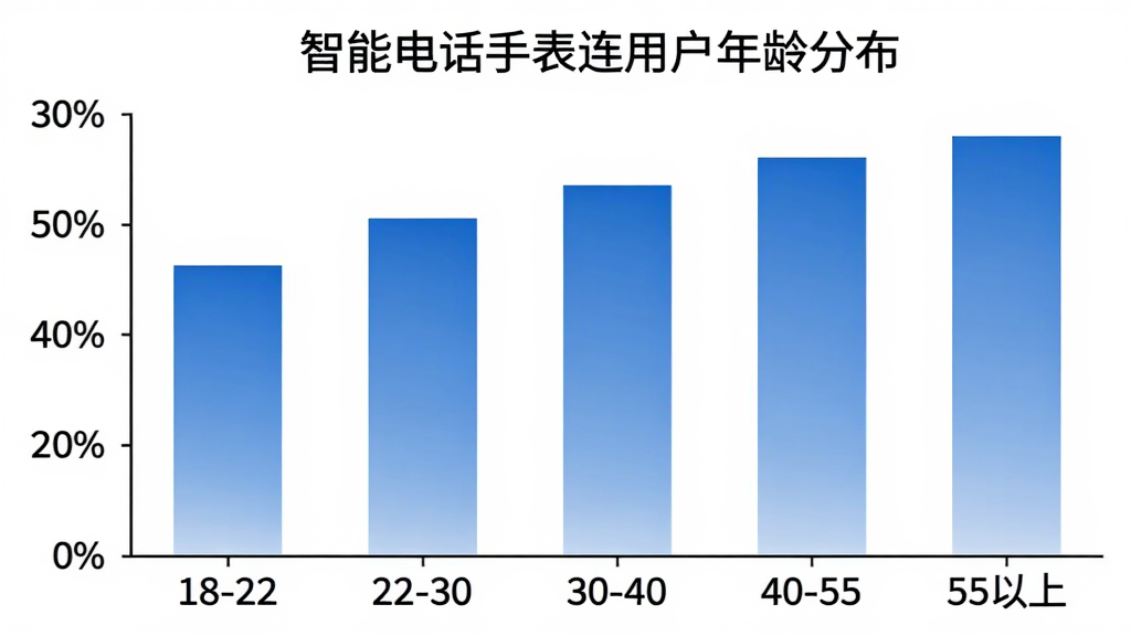 柱状图展示不同年龄段用户占比,横轴为年龄段18-22、22-30、30-40、40-55、55以上,纵轴为百分比,柱状颜色为蓝色渐变,图表标题为