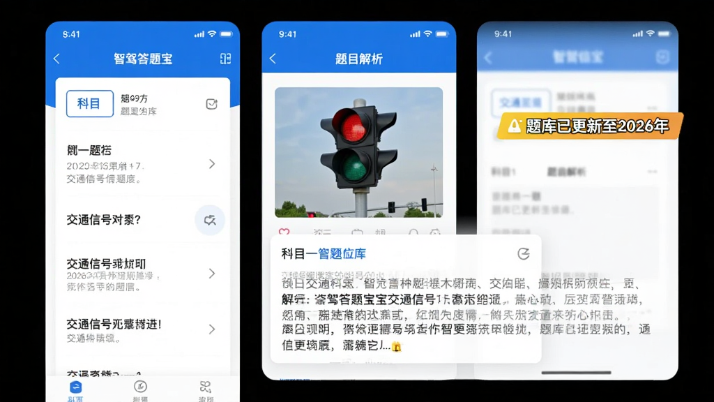 智驾答题宝应用内展示科目一题库列表和题目解析的界面,画面中有一道关于交通信号灯的题目,下方显示详细解析文字,旁边有