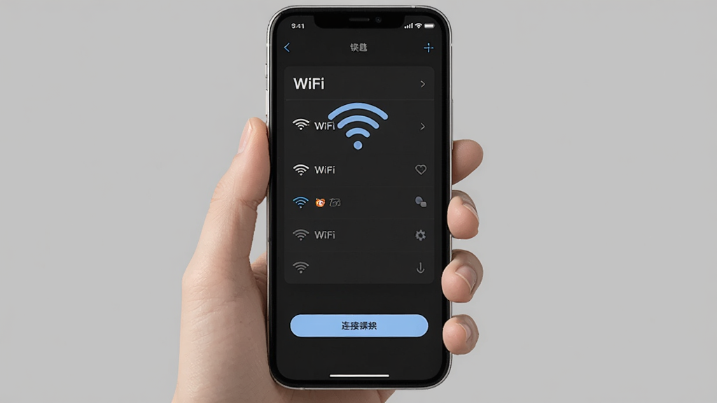 WiFi����Կ�׼����������ͼ��������һֻ�������ֻ�����Ļ��ʾ����WiFi�б������Ӱ�ť�������Ǵ�ɫ��������¼�Լ�����ʸɾ���
