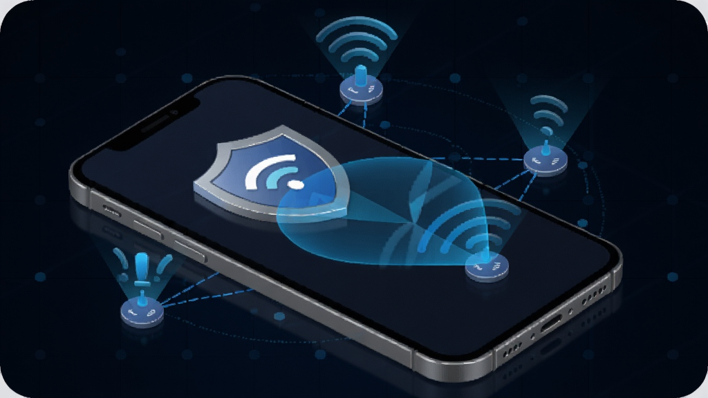 WiFi����Կ�װ�ȫ��⹦��չʾͼ���������ֻ���Ļ��ʾ����ͼ���WiFi�źţ����Ʒ�����ɫ��âɨ����Χ������ڵ㣬��������ɫ�Ƽ������񣬷���లȫ�����ʸɾ���