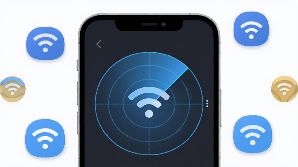 һ��չʾWiFi����Կ�������������ͼƬ�������������ֻ���Ļ����Ļ����ʾWiFi����Կ�׵���ɫ�״�ɨ��ͼ����Χ�����Ŷ��WiFi�ź�ͼ�꣬���ּ�࣬����ִ���ƽ��ϸ��Բ�󣬻��ʸɾ����޶���Ԫ�ء�