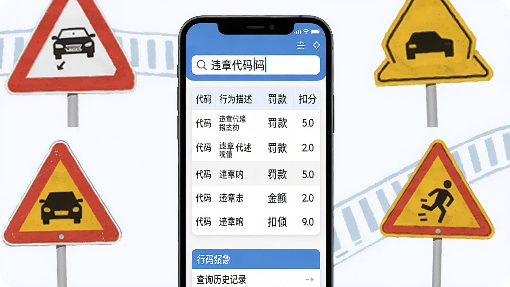交规违章代码指南APP主界面展示,手机屏幕居中,蓝白配色,顶部搜索框输入违章代码,中间是清晰的违章代码列表,包含代码、行为描述、罚款金额、扣分分值,底部有查询历史记录,周围有交通标志元素点缀,扁平化设计风格,画质干净无多余元素