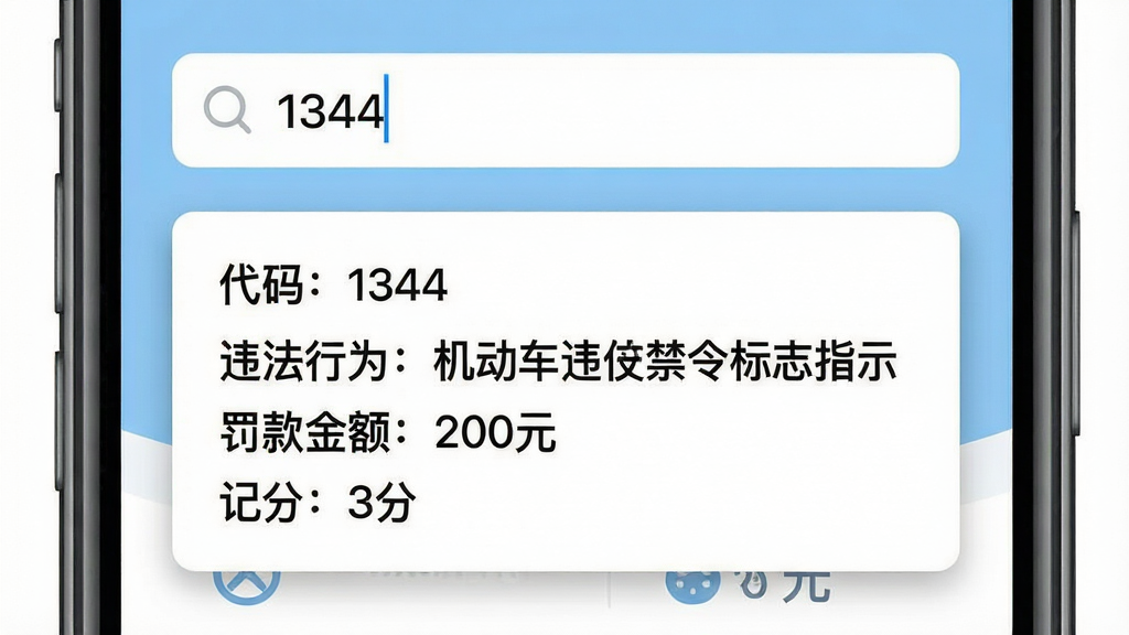 交规违章代码指南APP违章代码查询结果页面,手机屏幕特写,顶部搜索框输入“1344”,下方弹出结果卡片,卡片上清晰标注“代码:1344”、“违法行为:机动车违反禁令标志指示”、“罚款金额:200元”、“记分:3分”,背景是浅蓝色,卡片有轻微阴影,现代扁平化UI风格,画质清晰干净无多余元素