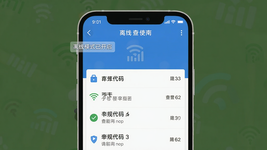 交规违章代码指南APP离线查询功能展示,手机屏幕显示“离线模式已开启”的小标签,下方是正常的查询结果列表,背景有微弱的信号格图标表示无网络,但查询功能正常使用,界面简洁,蓝白配色,扁平化设计风格,画质干净无多余元素