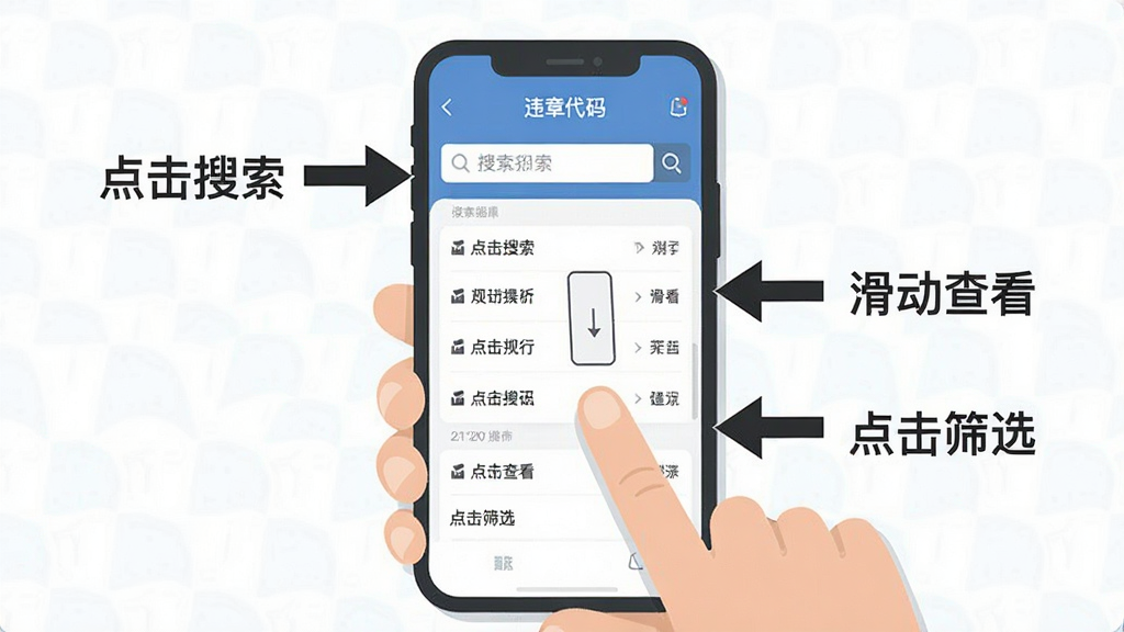 交规违章代码指南APP在手机上的操作手势示意图,一只手拿着手机,拇指正在点击搜索框,屏幕显示违章代码搜索结果,手机周围有箭头标注“点击搜索”“滑动查看”“点击筛选”等操作提示,背景干净,扁平化插画风格,画质清晰无多余元素